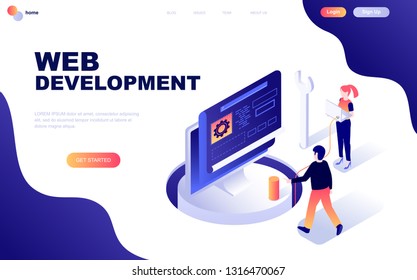 Modern flat design isometric concept of Web Development decorated people character for website and mobile website development. Isometric landing page template. Vector illustration.