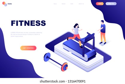 Modern flat design isometric concept of Fitness decorated people character for website and mobile website development. Isometric landing page template. Vector illustration.