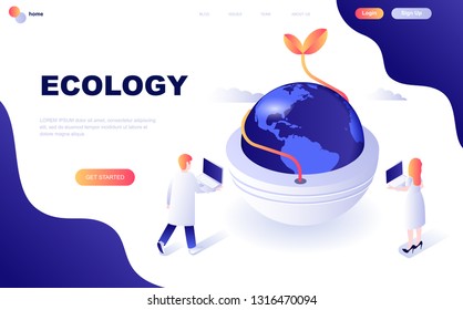 Modern flat design isometric concept of Ecology Earth decorated people character for website and mobile website development. Isometric landing page template. Vector illustration.