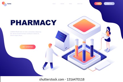 Modern flat design isometric concept of Pharmacist in Pharmacy decorated people character for website and mobile website development. Isometric landing page template. Vector illustration.