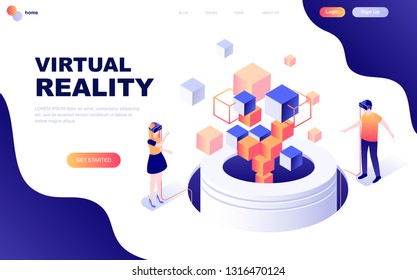 Modern flat design isometric concept of Virtual Augmented Reality decorated people character for website and mobile website development. Isometric landing page template. Vector illustration.