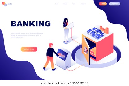Modern flat design isometric concept of Online Banking decorated people character for website and mobile website development. Isometric landing page template. Vector illustration.