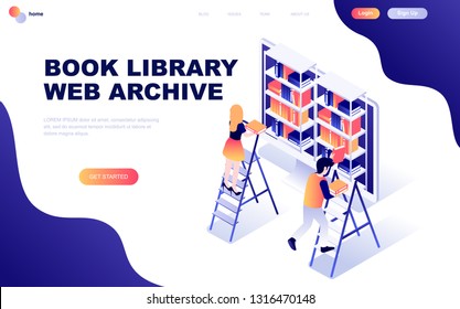 Modern flat design isometric concept of Book Library decorated people character for website and mobile website development. Isometric landing page template. Vector illustration.