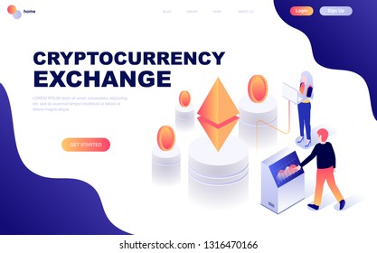 Modern flat design isometric concept of Cryptocurrency Exchange decorated people character for website and mobile website development. Isometric landing page template. Vector illustration.