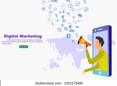 Modern flat design isometric concept of Digital Marketing for banner and website. Isometric landing page template. Business analysis, content strategy and management. Vector illustration