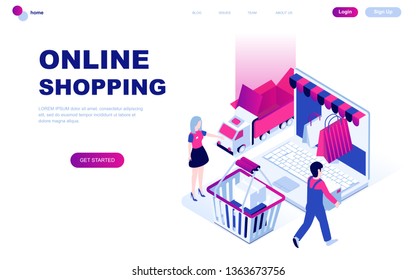 Modern flat design isometric concept of Online Shopping decorated people character for website and mobile website development. Isometric landing page template. Vector illustration.