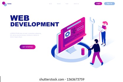 Modern flat design isometric concept of Web Development decorated people character for website and mobile website development. Isometric landing page template. Vector illustration.
