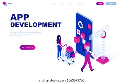 Modern flat design isometric concept of App Development decorated people character for website and mobile website development. Isometric landing page template. Vector illustration.