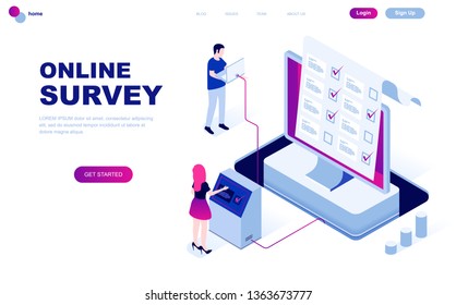 Modern flat design isometric concept of Online Survey decorated people character for website and mobile website development. Isometric landing page template. Vector illustration.