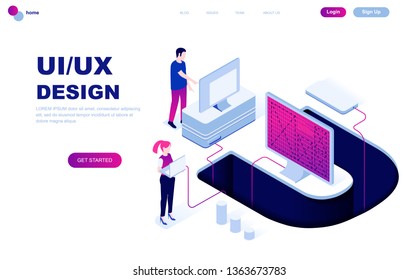 Modern flat design isometric concept of UX, UI Design decorated people character for website and mobile website development. Isometric landing page template. Vector illustration.