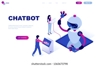 Modern flat design isometric concept of Chat Bot and Marketing decorated people character for website and mobile website development. Isometric landing page template. Vector illustration.
