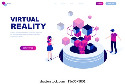 Modern flat design isometric concept of Virtual Augmented Reality decorated people character for website and mobile website development. Isometric landing page template. Vector illustration.