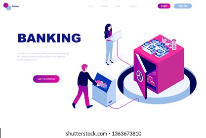 Modern flat design isometric concept of Online Banking decorated people character for website and mobile website development. Isometric landing page template. Vector illustration.