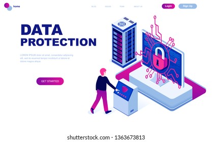 Modern flat design isometric concept of Data Protection decorated people character for website and mobile website development. Isometric landing page template. Vector illustration.