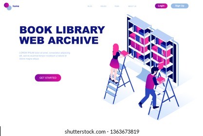 Modern flat design isometric concept of Book Library decorated people character for website and mobile website development. Isometric landing page template. Vector illustration.