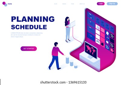 Modern flat design isometric concept of Planning Schedule decorated people character for website and mobile website development. Isometric landing page template. Vector illustration.