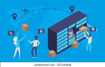 Modern flat design isometric concept of delivery service or online shopping with people,box,dron,pay online,delivery locker mail box and world map. Easy to edit and customize. Vector illustration