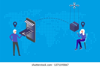 Modern flat design isometric concept of delivery service or online shopping with people,box,dron,pay online and dotted world map. Landing page template. Easy to edit and customize. Vector illustration