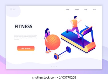 Modern flat design isometric concept of Fitness decorated people character for website and mobile website development. Isometric landing page template. Vector illustration.