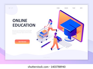 Modern flat design isometric concept of Online Education decorated people character for website and mobile website development. Isometric landing page template. Vector illustration.