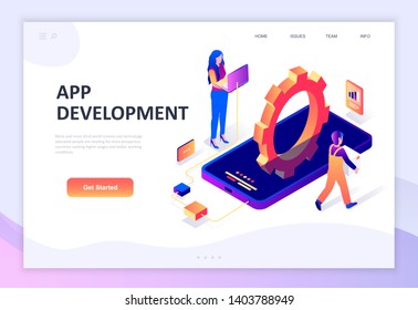 Modern flat design isometric concept of App Development decorated people character for website and mobile website development. Isometric landing page template. Vector illustration.