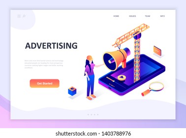 Modern flat design isometric concept of Advertising and Promotion decorated people character for website and mobile website development. Isometric landing page template. Vector illustration.