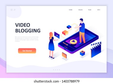 Modern flat design isometric concept of Video Blogging decorated people character for website and mobile website development. Isometric landing page template. Vector illustration.