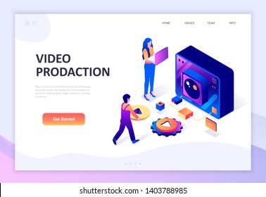 Modern flat design isometric concept of Video Production decorated people character for website and mobile website development. Isometric landing page template. Vector illustration.