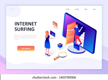 Modern flat design isometric concept of Internet Surfing decorated people character for website and mobile website development. Isometric landing page template. Vector illustration.