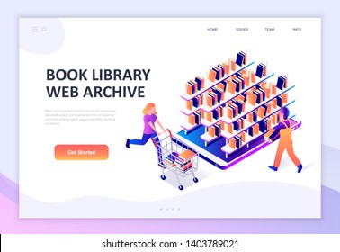 Modern flat design isometric concept of Book Library decorated people character for website and mobile website development. Isometric landing page template. Vector illustration.