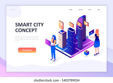 Modern flat design isometric concept of Smart City Technology decorated people character for website and mobile website development. Isometric landing page template. Vector illustration.