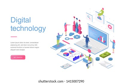 Modern flat design isometric concept of Digital Marketing for banner and website. Isometric landing page template. Business analysis, content strategy and management. Vector illustration