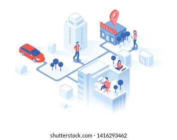 Modernes, flaches Design isometrisches Konzept der Marketingstrategie für Banner und Website. Seitenvorlage für die Landung. Unternehmensanalyse, Content-Strategie und Management-Konzept. geomarketing.Vektorgrafik. 