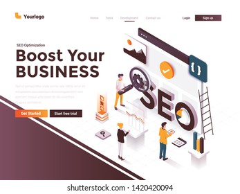 Modern flat design isometric concept of Seo Optimization for website and mobile website. Landing page template. Easy to edit and customize. Vector illustration