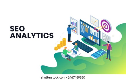 Modern flat design isometric concept of SEO analysis app for website and mobile website. Landing page template. Easy to edit and customize. EPS 10