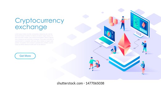 Modern flat design isometric concept of Cryptocurrency Exchange for banner and website. Isometric landing page template. Virtual cash transaction, cryptocurrency concept. Vector illustration.