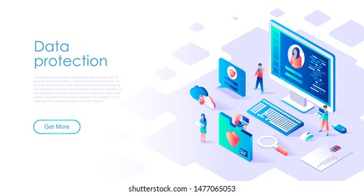 Modern flat design isometric concept of Data Protection for banner and website. Isometric landing page template. Credit card check and software access data as confidential. Vector illustration.