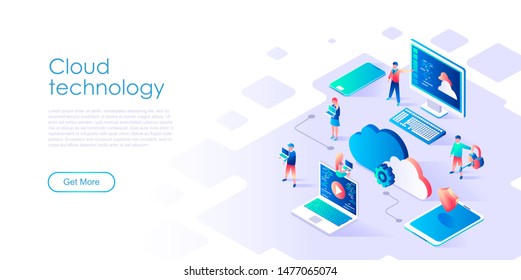 Modern flat design isometric concept of Cloud Technology for banner and website. Isometric landing page template. Data center, software to share informations on digital network. Vector illustration.