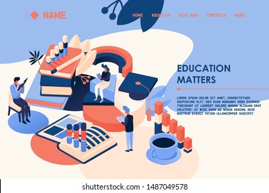 Modern flat design isometric concept of online education banner and website landing page template. Isometric 3D header good for business school, graduation college , e-learning research with diagrams