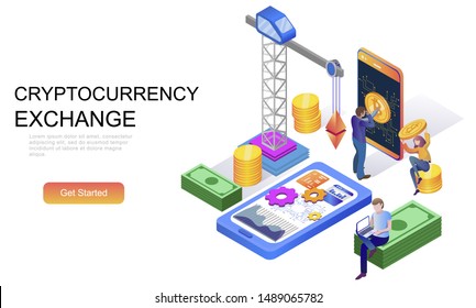 Modern flat design isometric concept of Cryptocurrency Exchange decorated people character for website and mobile website development. Isometric landing page template. Vector illustration.