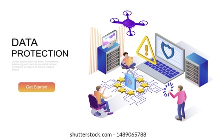 Modern flat design isometric concept of Data Protection decorated people character for website and mobile website development. Isometric landing page template. Vector illustration.