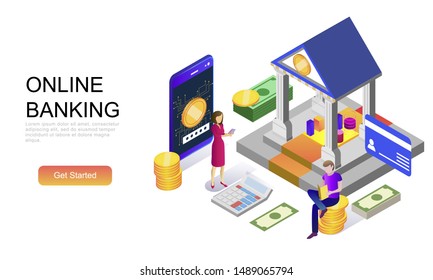 Modern flat design isometric concept of Online Banking decorated people character for website and mobile website development. Isometric landing page template. Vector illustration.