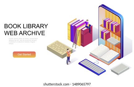 Modern flat design isometric concept of Book Library decorated people character for website and mobile website development. Isometric landing page template. Vector illustration.