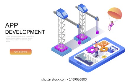 Modern flat design isometric concept of App Development decorated people character for website and mobile website development. Isometric landing page template. Vector illustration.