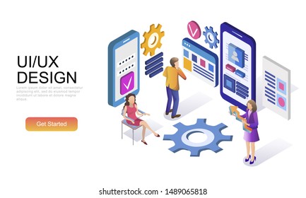 Modern flat design isometric concept of UX, UI Design decorated people character for website and mobile website development. Isometric landing page template. Vector illustration.
