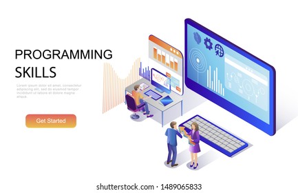 Modern flat design isometric concept of Programming Skills decorated people character for website and mobile website development. Isometric landing page template. Vector illustration.