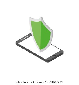 Modern flat design isometric concept of smartphone security concept. smartphone with shield defense and lock on the screen. Flat cartoon style. for website and mobile website. Landing page template