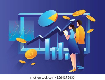 Modern flat design isometric concept of Data Analysis for website and mobile website. Landing page template. people looking at finance data. Vector illustration