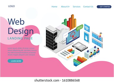 Modern flat design isometric concept of Cloud Technology for banner and website. Landing page template. Data center, software solutions to share informations on digital network. Vector illustration.