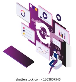 Modern flat design isometric concept of Seo. Optimization for website and mobile website. Landing page template. Easy to edit and customize. Vector illustration